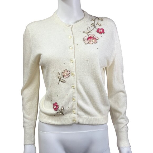Blairmoor Sweaters - Blairmoor Original Womens Beaded Floral Cardigan Vintage Full Fashioned Cream  M